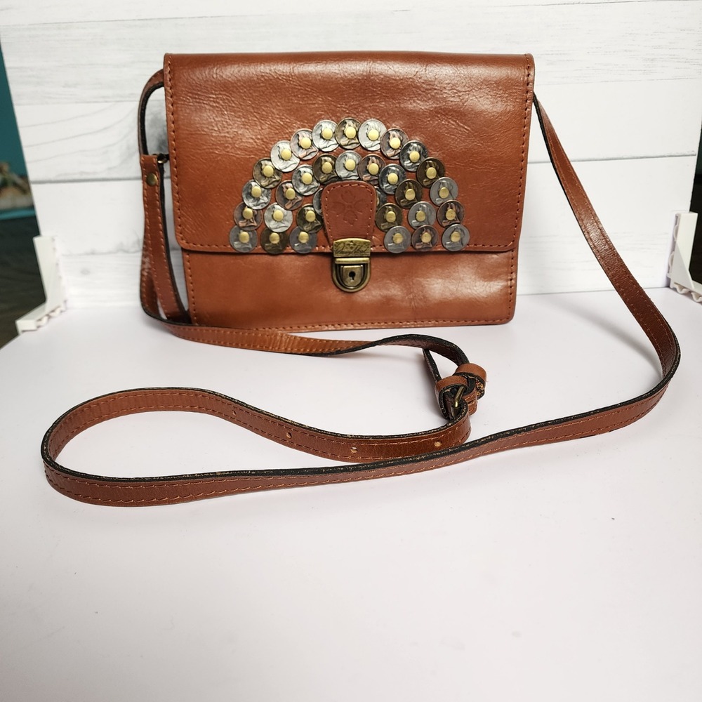 Patricia Nash Tan Leather Coin Embellished Crossbody Bag Vintage Style